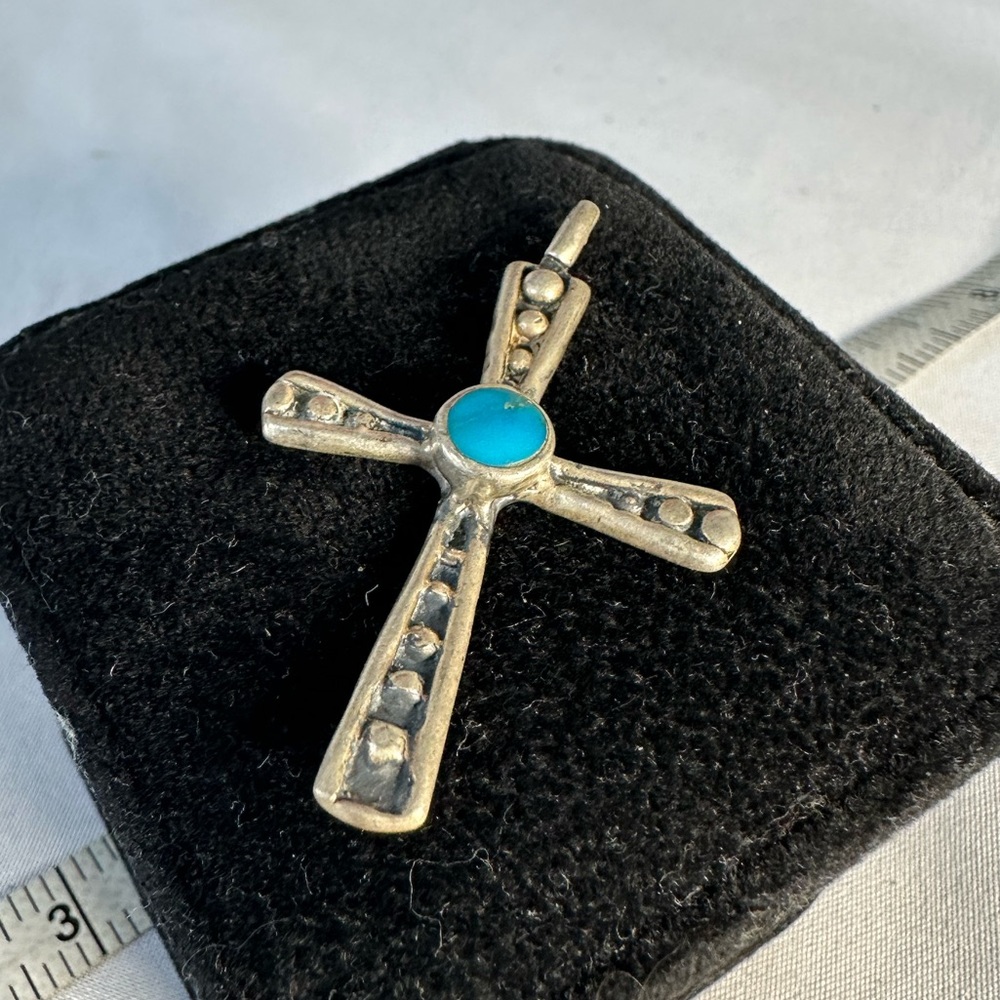 Vintage 70’s silver and turquoise stone cross